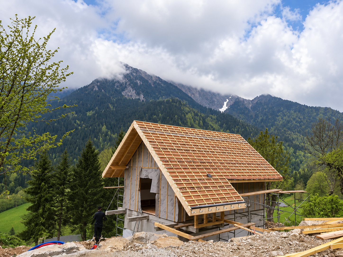 Un chalet en cours de construction dont la toiture est en train d'être couverte de tuiles, avec un échafaudage et des montagnes embrumées en arrière-plan.