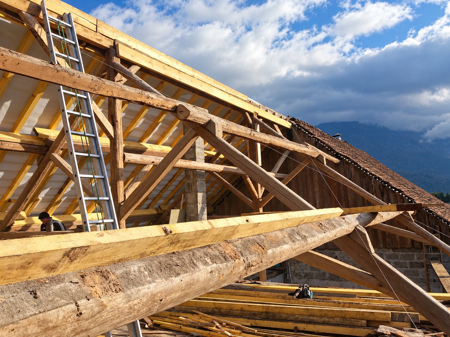 Chantier de rénovation d'une charpente en bois avec poutres anciennes et neuves, une échelle en aluminium et des montagnes nuageuses en arrière-plan.
