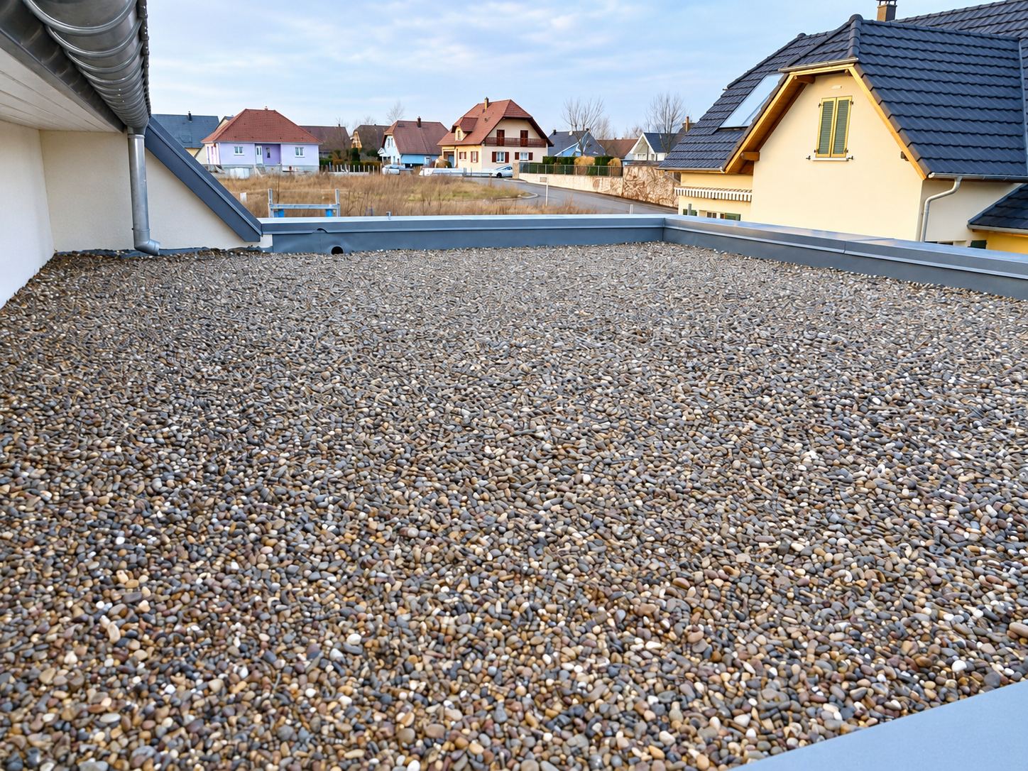 Une toiture terrasse recouverte de galets gris et beiges, bordée d'un relevé métallique, avec des maisons d'un quartier résidentiel au fond.